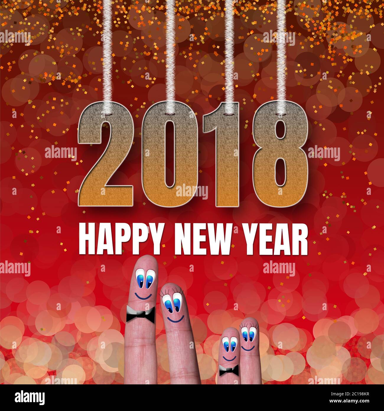 Quadratische Karte Frohes neues Jahr 2018 mit lustigen Familie Finger Stockfoto