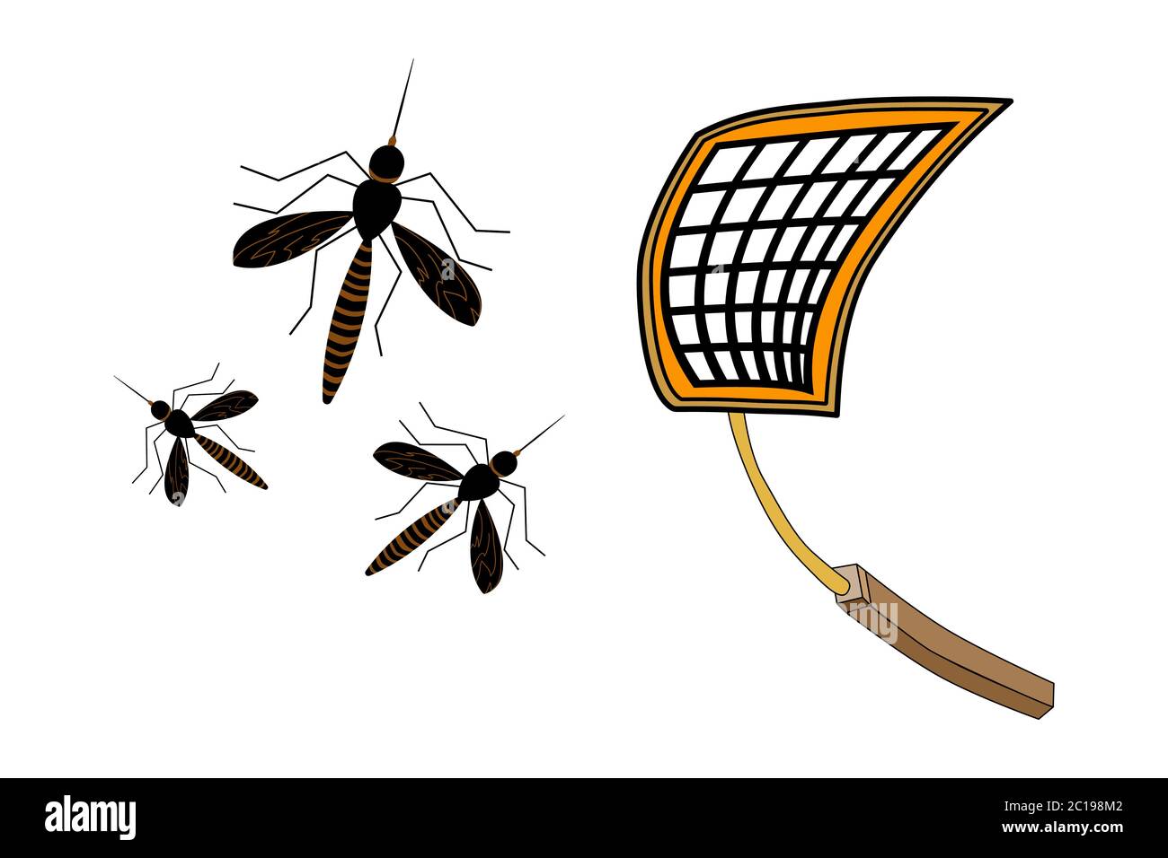 Fliegenklatsche mit Moskitos isoliert auf weiß.Werkzeug für die Zerstörung von Insekten. Palette, um Mücken zu töten.Trapping Insekten Schädlingsnetz Schläger.Stock Vektor Stock Vektor