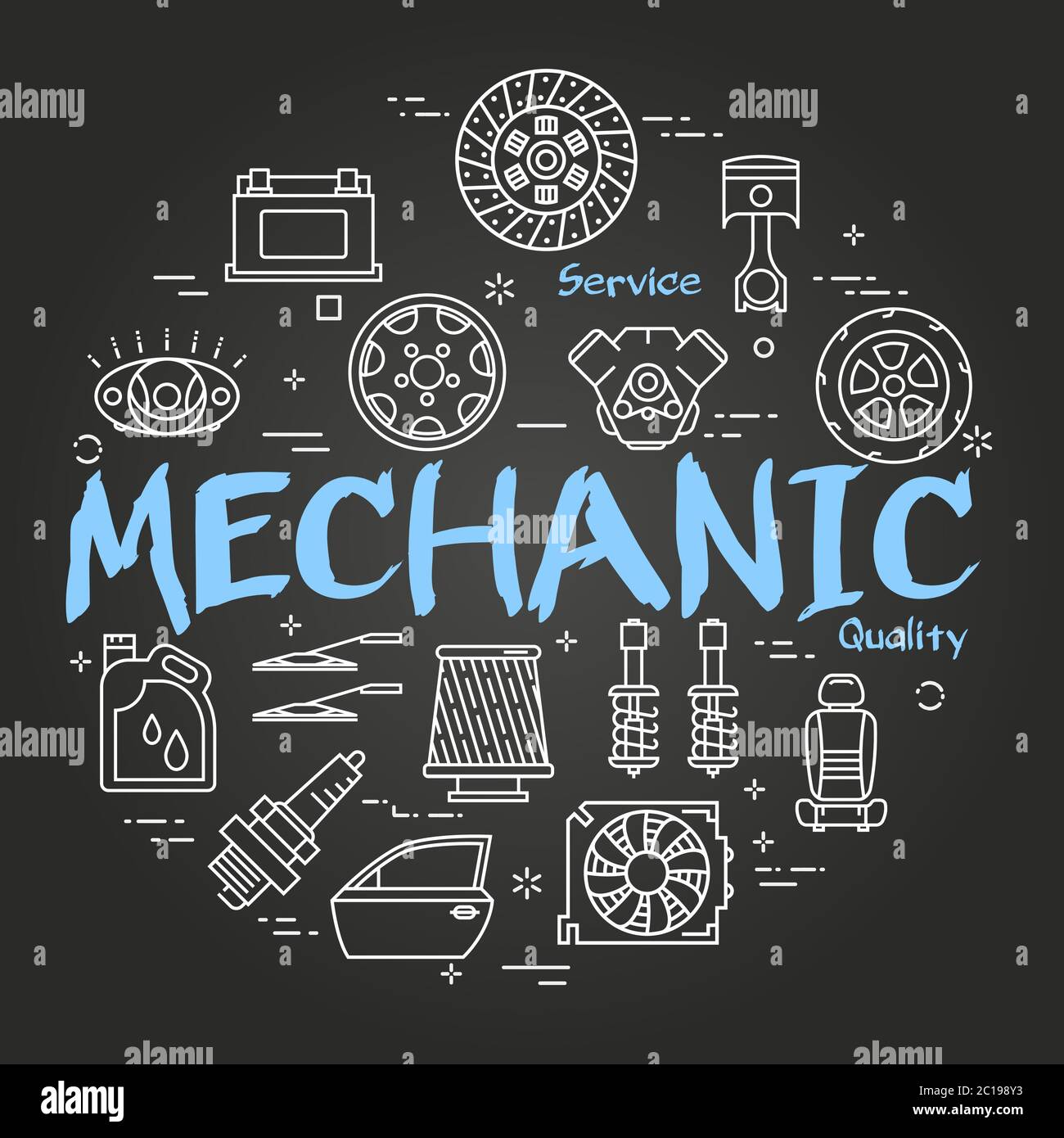 Vektor schwarze Linie rund Banner von mechanischen Autoteilen Stock Vektor