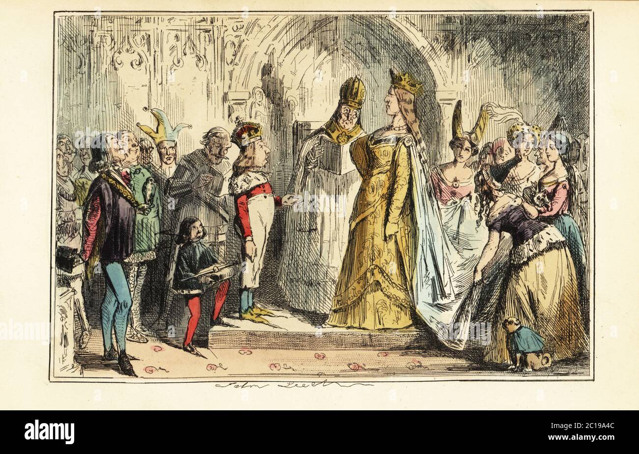 König Heinrich VI. Von England heiratete Margarete von Anjou in der Titchfield Abbey, 23. April 1445. Der verrückte König war 24 und die Königin 15. Die Zeremonie wird von einem Bischof, und besucht von Mädchen in hennin, Höflinge, Falkner, Narr, Seite mit Dolch. Heirat Heinrich VI. Mit Margarete von Anjou. Handkolorierter Stahlstich nach einer Illustration von John Leech aus Gilbert Abbott A’Becketts Comic History of England, Bradbury, Agnew & Co., London, 1880. Stockfoto