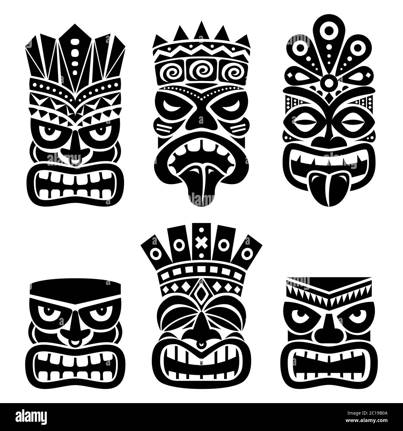 Hawaiian und Polynesien Tiki Kopf Totem Vektor Design Set- Tribal Volkskunst Hintergrund Stock Vektor