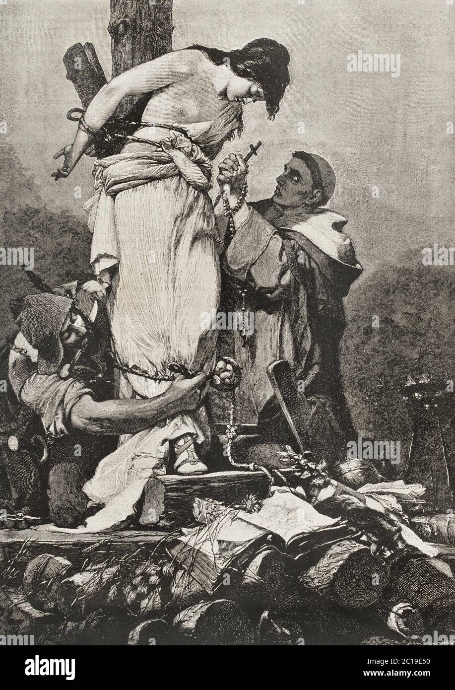 UN Auto de Fe. Grabado a partir de un cuadro de F. Reiff. La Ilustración. Revista Hispano-Americana,1884. Stockfoto