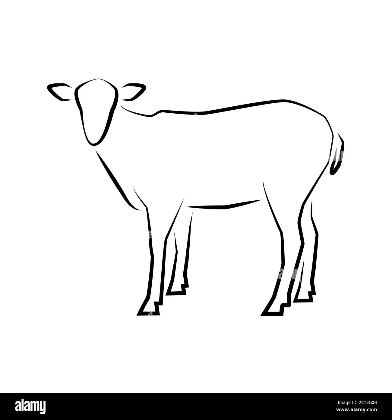 Schaf-Symbol. Vektordarstellung. Handgezeichneter Stil. Nutztiere. Logo der grasenden Schafe voller Länge isoliert auf weiß. Stock Vektor