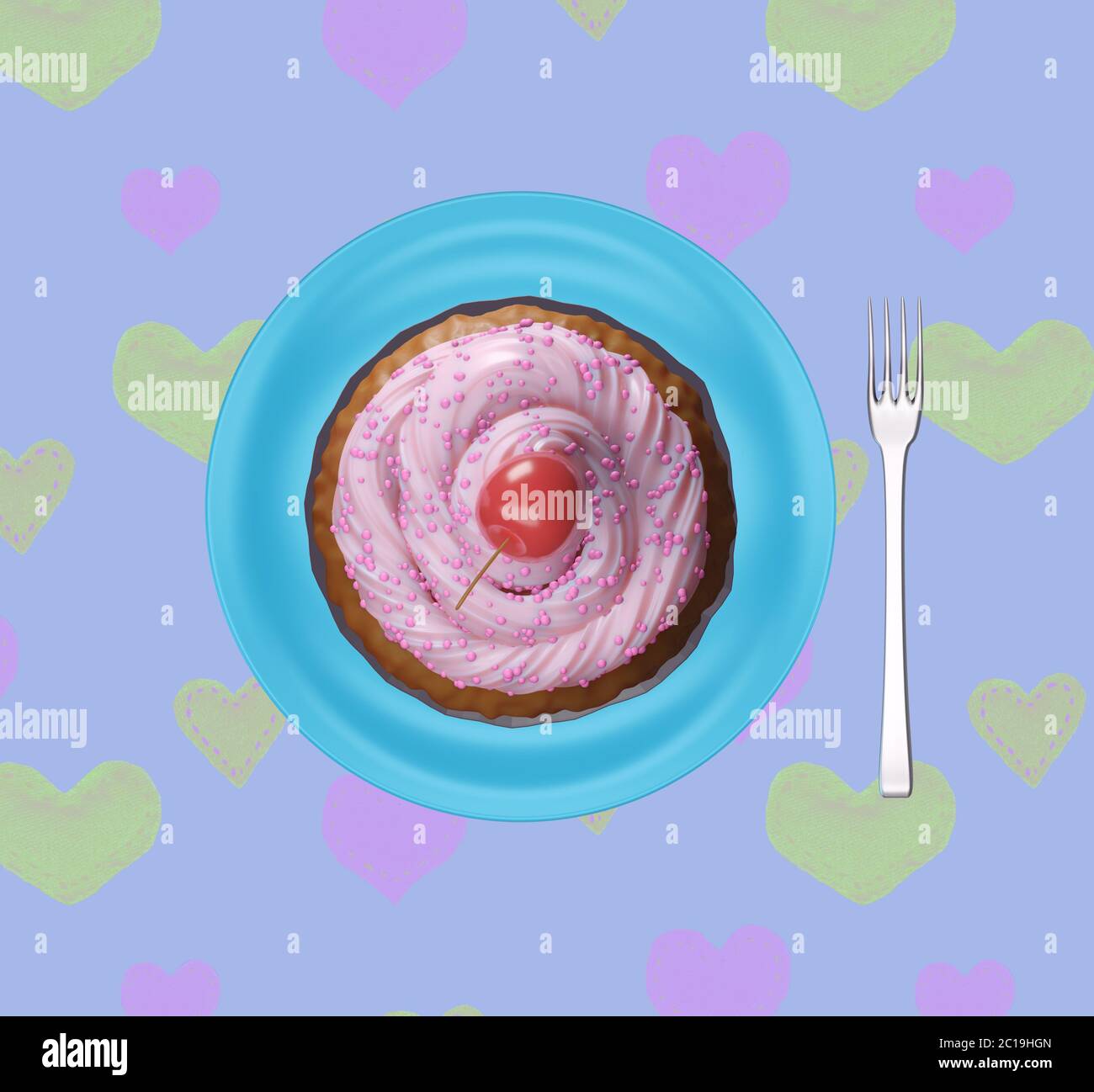 Leckerer, leckerer Cupcake mit der rosa Tüte auf der Oberseite und Kirsche, bereit für Kinderparty Essen, Muttertag Feier. Cupcake auf einem Teller, Draufsicht. 3d r Stockfoto