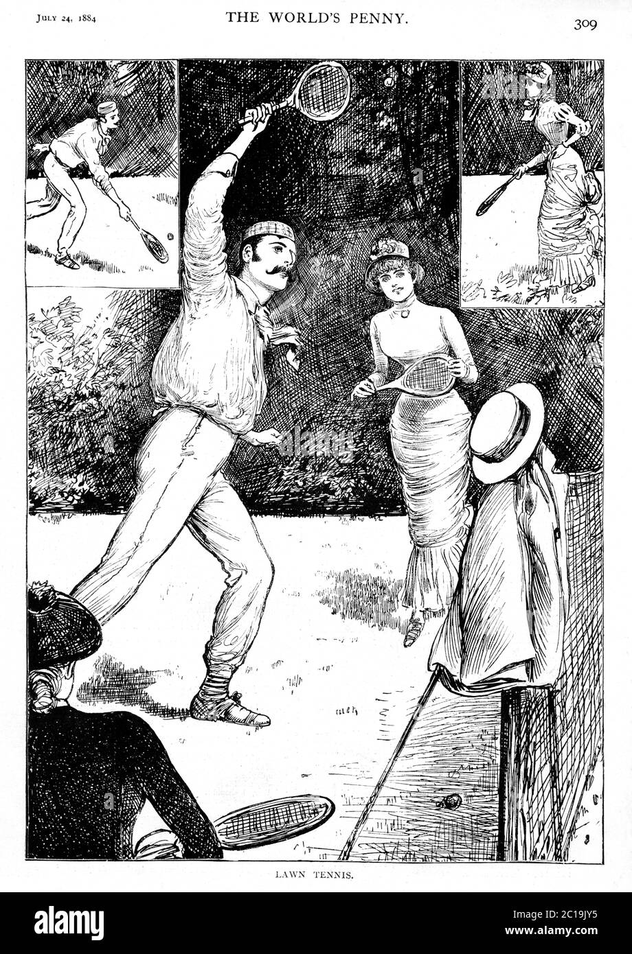Rasentennis, 1884 Zeitschrift Illustration der neuen Sportart, die von Männern und Frauen auf den gepflegten Rasen Englands sozial gespielt wird Stockfoto