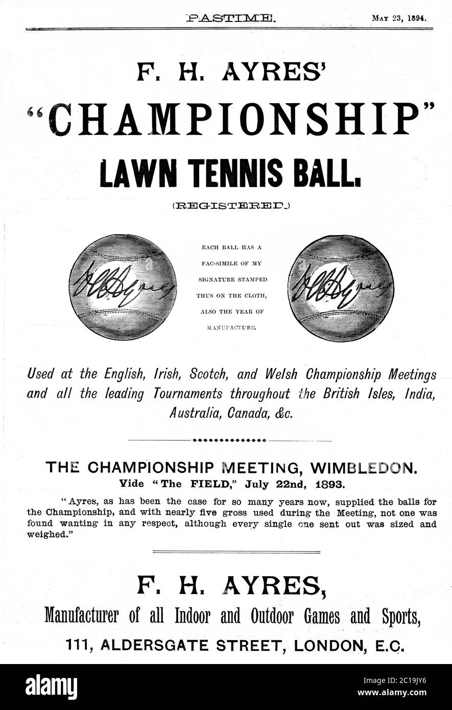 FH Ayres Championship Tennis Ball, 1894 Zeitschriftenwerbung für die Bälle, die in England hergestellt und bei der Wimbledon Championship und weltweit eingesetzt werden Stockfoto