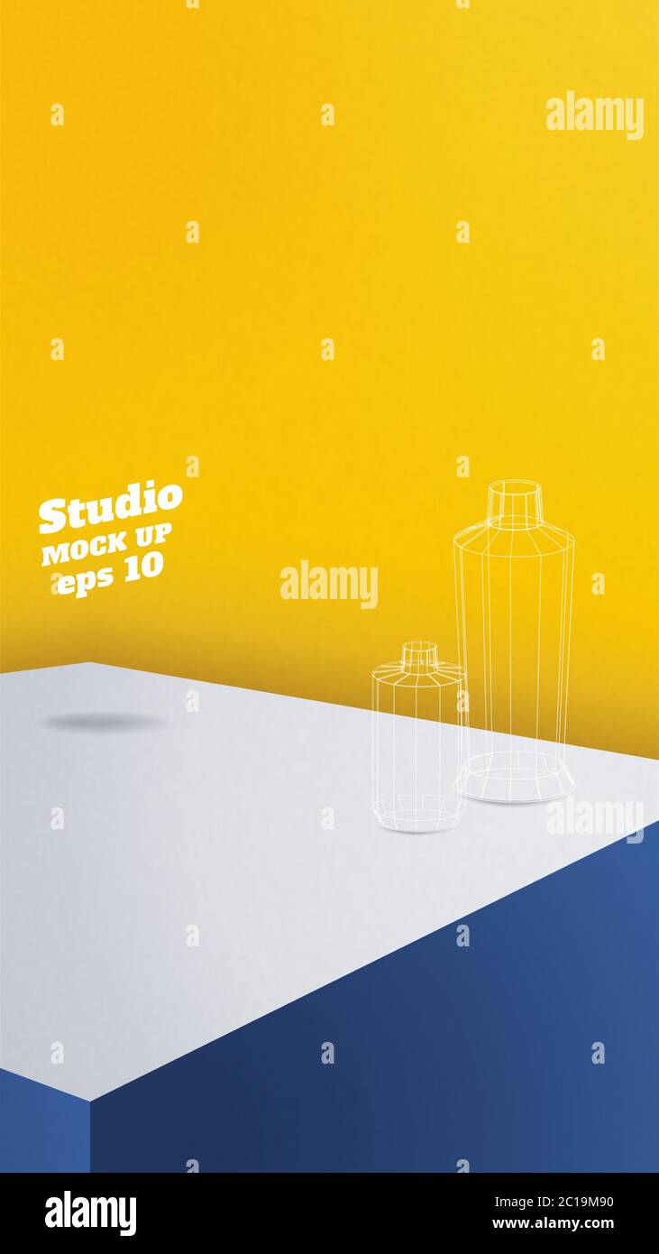Studio Tabelle background.Vector, lebendige blaue Produkt-Display-Block mit gelben Wand.mockup für die Anzeige von Design.Vertikal Banner für Produkt werben.16 Stock Vektor