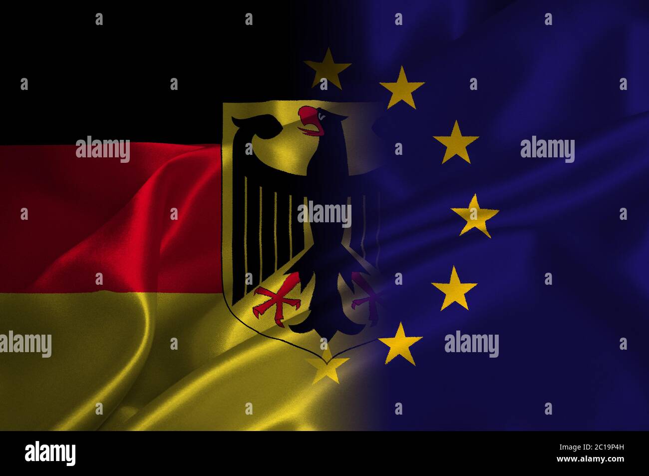 EU-Flagge und Deutschland-Flagge auf Satin-Struktur Stockfoto