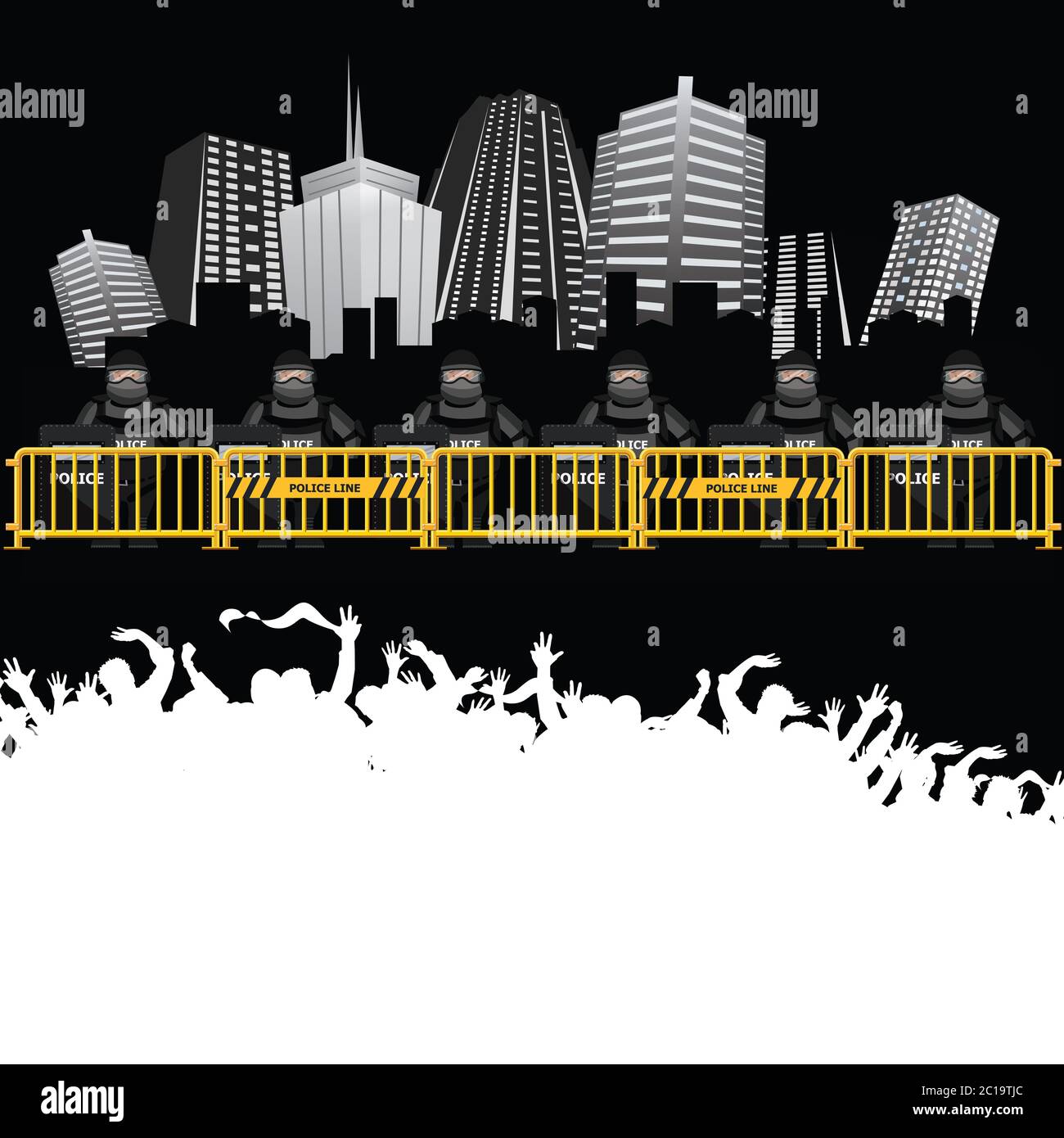 Die Polizei steht hinter der Massenkontrollbarriere und schützt das allgemeine Stadtgebiet vor Demonstranten mit Platz für den eigenen Text Stockfoto