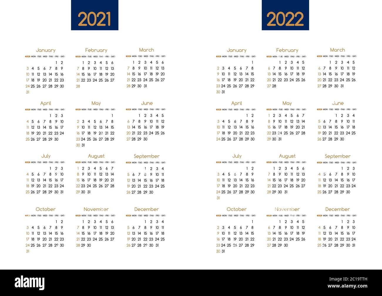Kalender Neujahr 2021 und 2022 Vektor-Planer Vorlage mit modernen einfachen navy blau und Gold sauber Design.Feiertags-Event adenda, Woche beginnt Sonntag.12 Stock Vektor