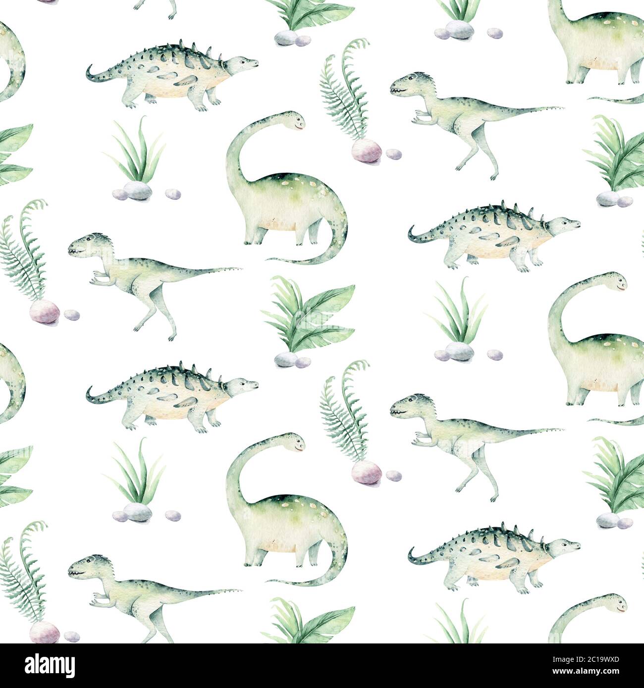 Cute Cartoon Baby Dinosaurier nahtlose Muster Aquarell Papier, Hand bemalt Dino Hintergrund Textur Jurassic Park . Rex Kinder lustige Kunst Stockfoto