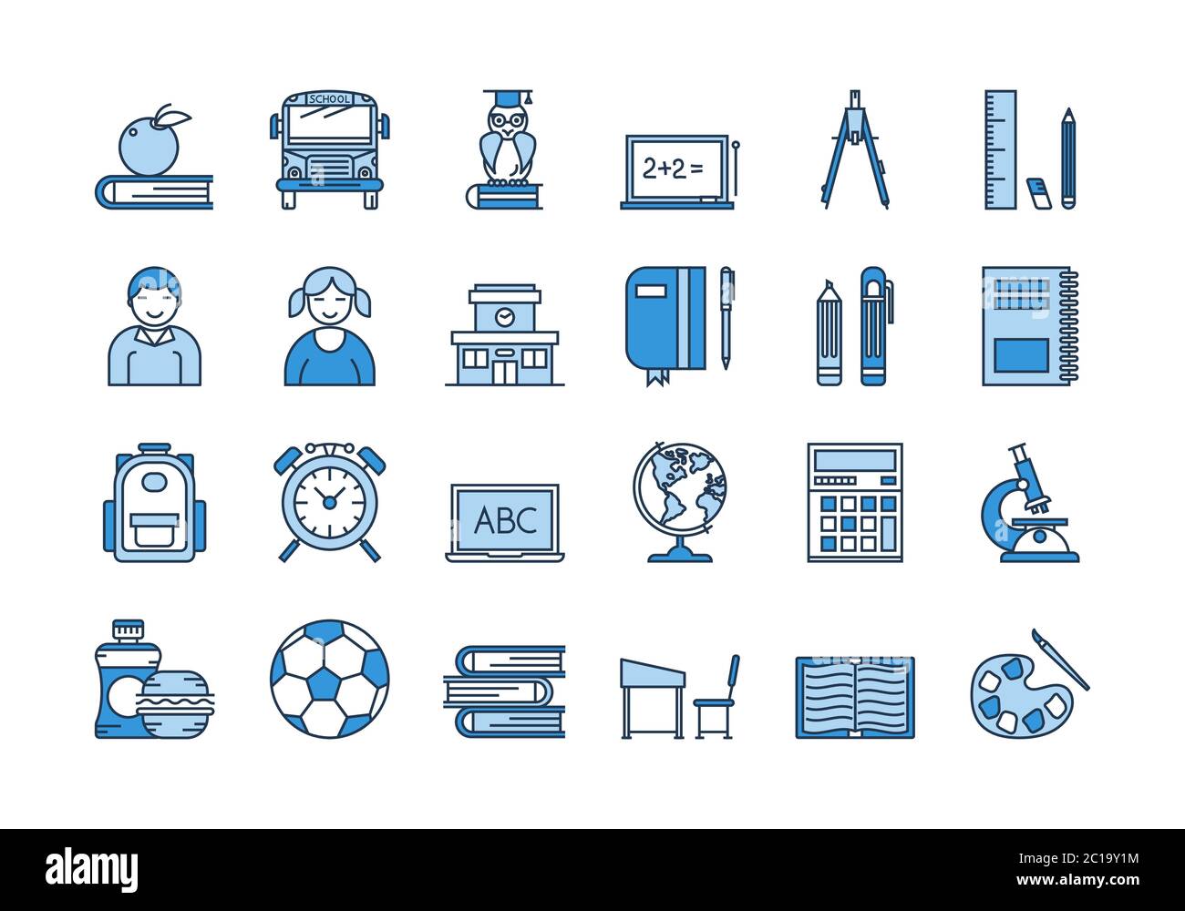 05 Blaue SCHULE BILDUNG Symbole gesetzt Stock Vektor