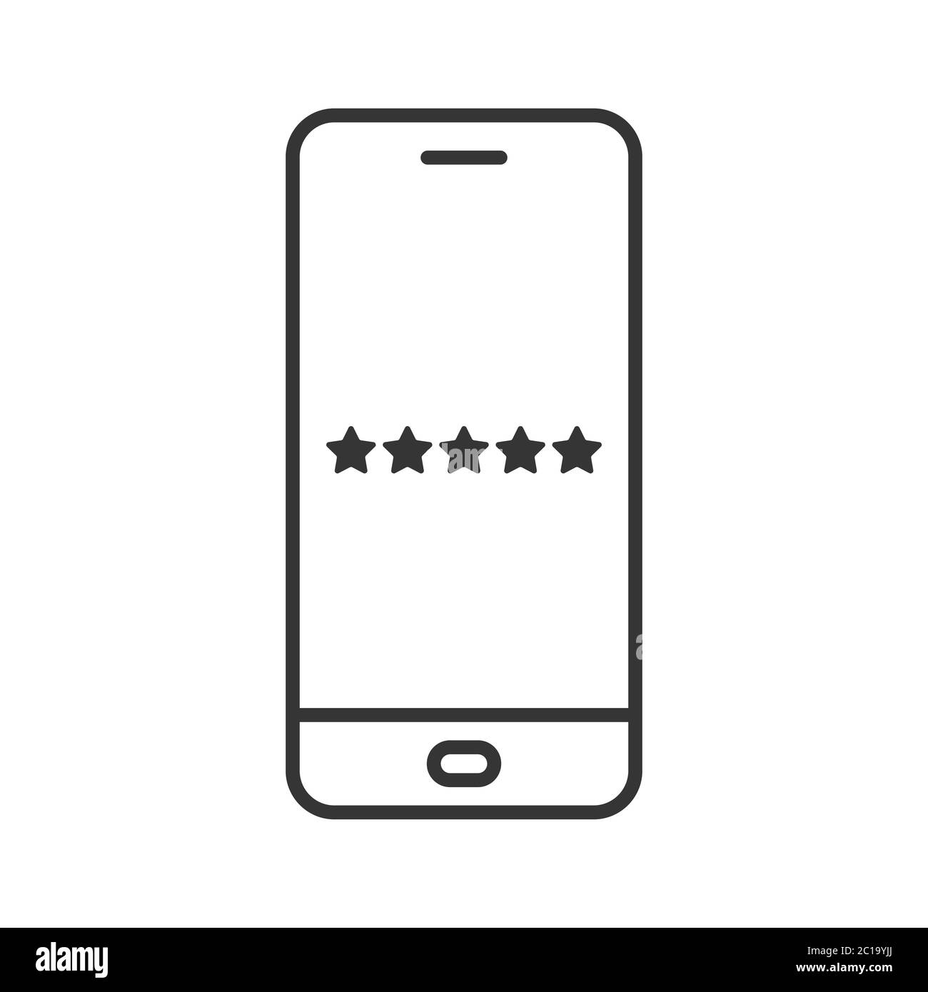 Smartphone-Symbol mit Bewertungssternen. Feedback-Konzept. Bewertungssterne auf dem Bildschirm des Geräts. Schwarzes lineares Symbol isoliert. Vektorgrafik. Stock Vektor