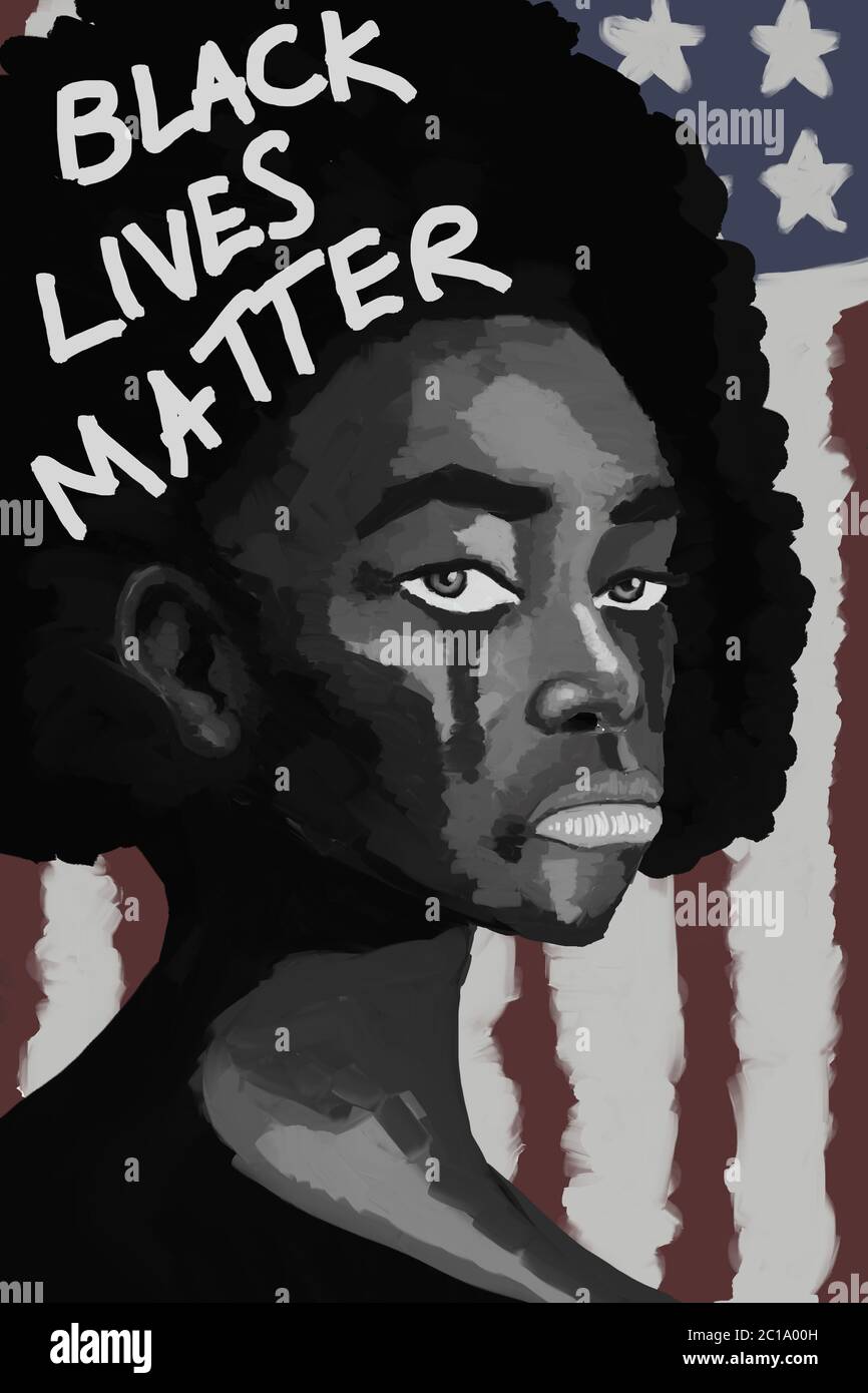 Schwarze Leben Materie Banner-Kampagne. Malerei von schwarzen Menschen mit weißen Träne, schwarze Menschen weinen Illustration mit Amerika-Flagge im Hintergrund. Stockfoto