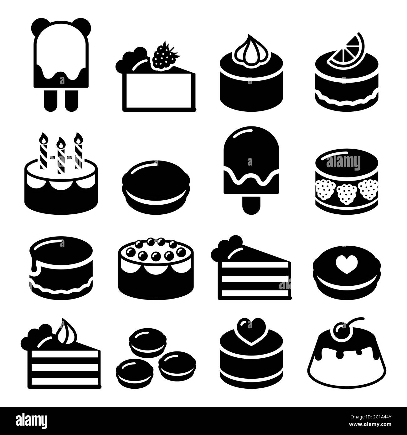 Dessert Icons Set - Kuchen, Makronen, Eis, Schokoladenkuchen, Käsekuchen Vektor Lebensmittel-Symbole Stock Vektor