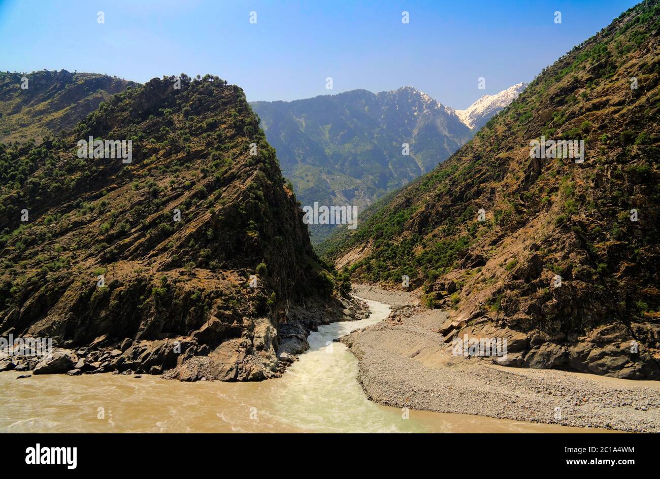 Zusammenfluss von Spat Gah und Indus Flüsse, Gilgit-Baltistan Pakistan Stockfoto