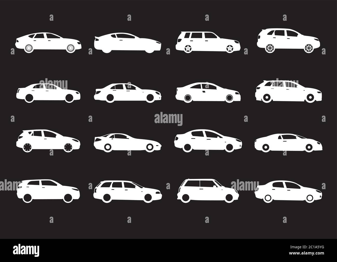 Weiße Auto-Symbole auf schwarzem Hintergrund. Vektorgrafik. Stock Vektor