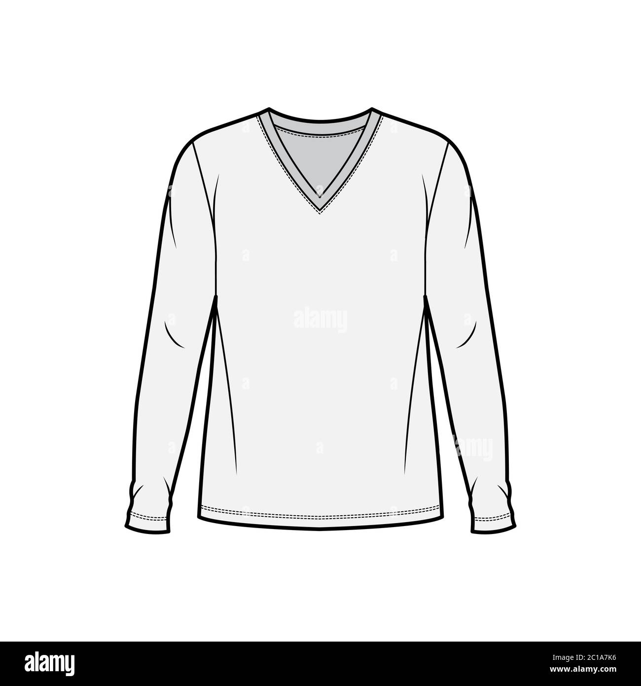 Baumwoll-Jersey-Shirt technische Mode-Illustration mit V-Ausschnitt, Tunika Länge Oversize Body lange Ärmel flach. Bekleidungsvorlage vorne, grau. Damen und Herren Unisex-Kleidungsstück Mockup für Designer. Stock Vektor