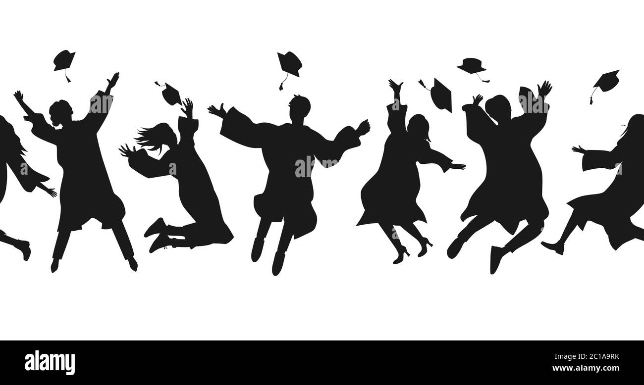 Nahtlose Grenze mit Graduiertenstudenten in Abschlusskleidung springen und werfen das Leichenbrett hoch in die Luft. Flaches Vektorgrafik Muster Stock Vektor