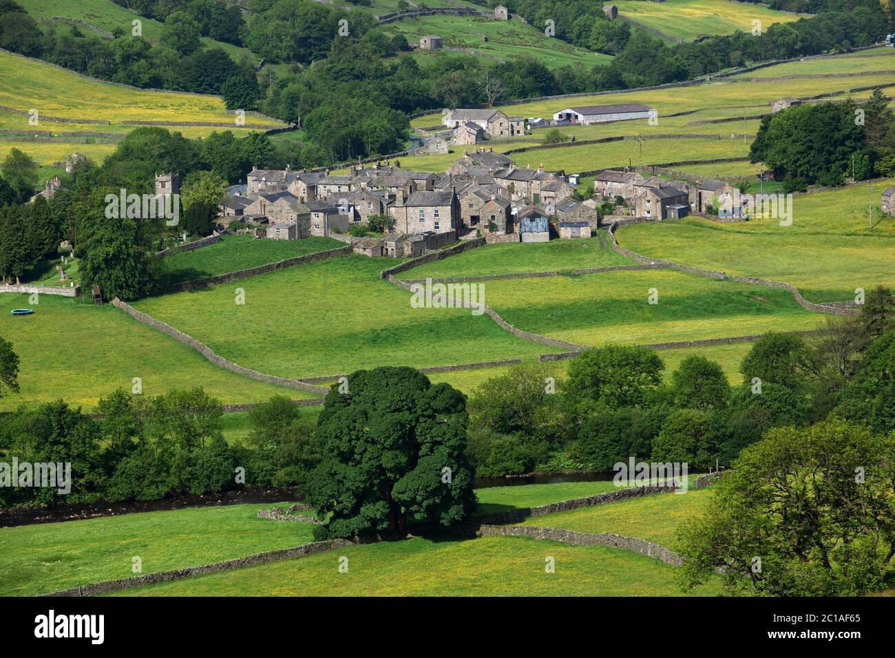Blick über das Swaledale Tal und das Dorf Muker, Muker, Yorkshire Dales Nationalpark, North Yorkshire, England, Großbritannien, Europa Stockfoto