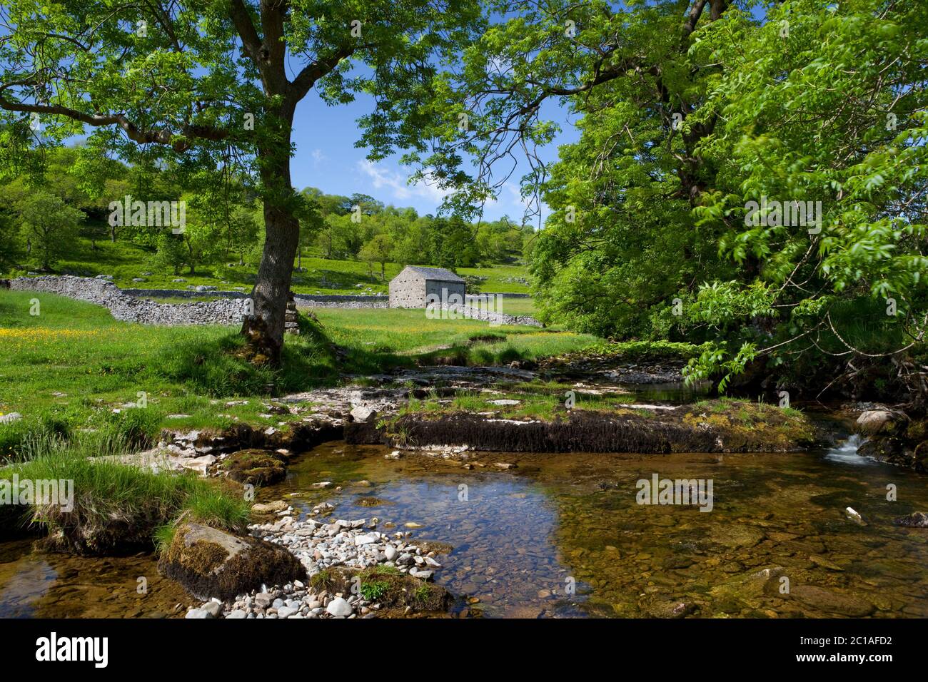 River Wharfe und traditionelle Steinerne Scheune im Tal von Wharfedale, in der Nähe von Kettlewell, Yorkshire Dales National Park, North Yorkshire, England, Großbritannien Stockfoto