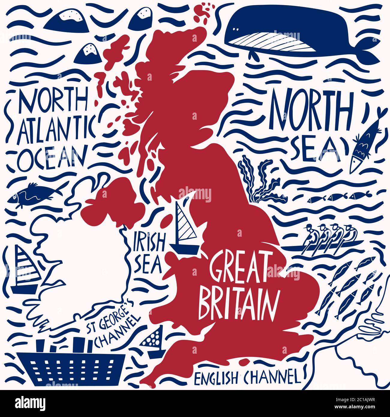Vektor Hand gezeichnet stilisierte Karte des Vereinigten Königreichs. Reisedarstellung von Großbritannien Nachbarländern und Wassernamen. Handgezeichnete Schriftzüge Stock Vektor