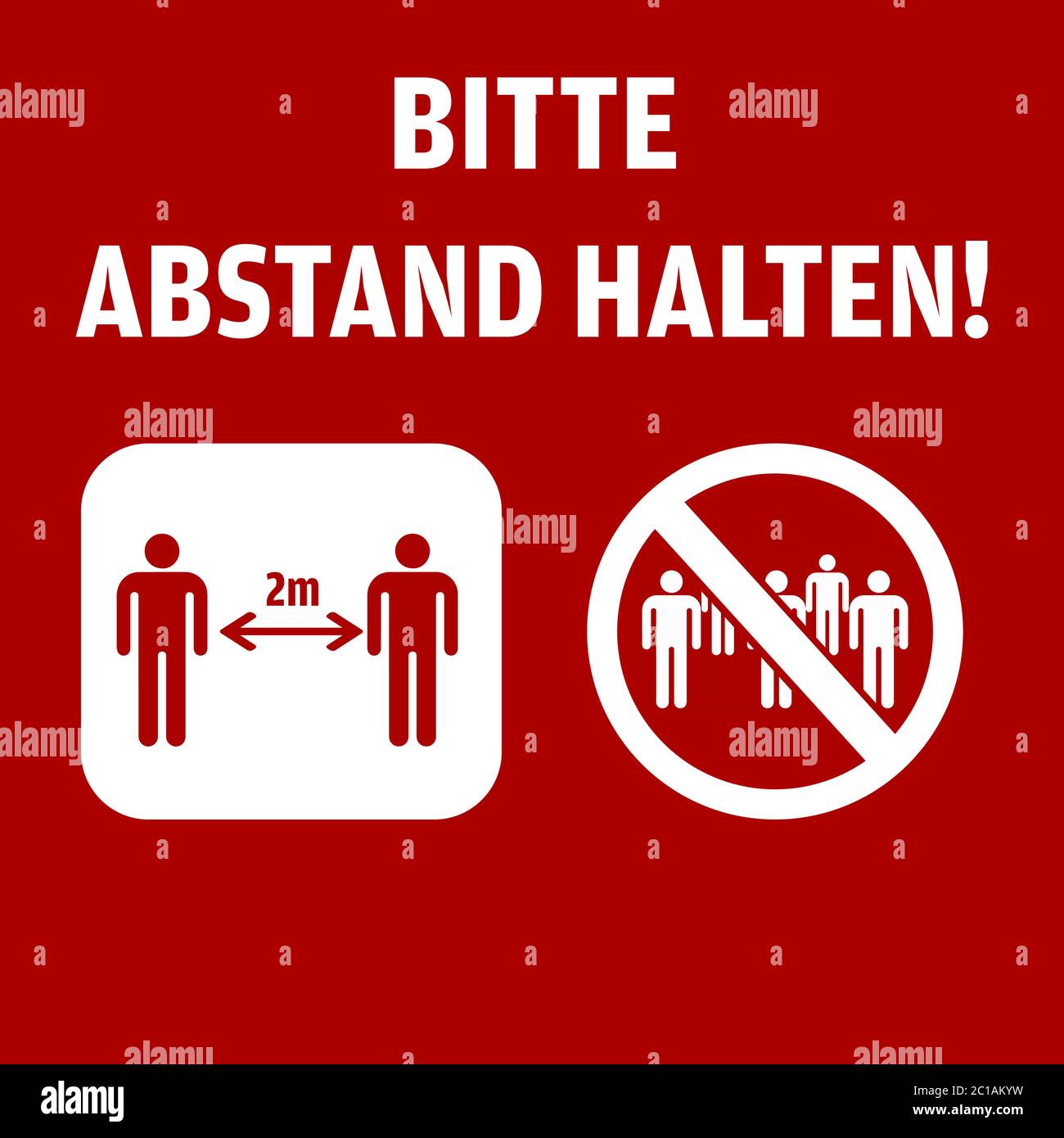 Soziale Distanz oder physische Distanz Piktogramm-Nachricht in deutscher Sprache isoliert auf rotem Hintergrund. Der nicht-englische Text übersetzt sich in „Bitte beibehalten Stock Vektor