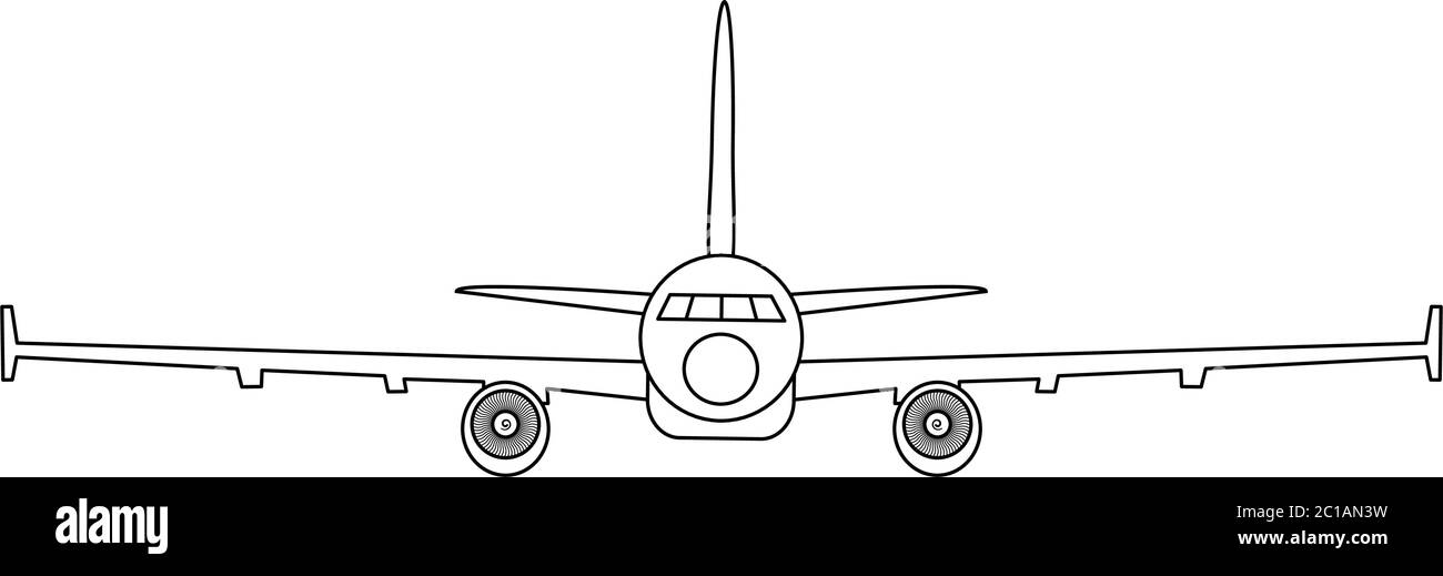 Einfache schwarz-weiße Vektordarstellung des Düsenflugzeugs, Vorderansicht Stock Vektor