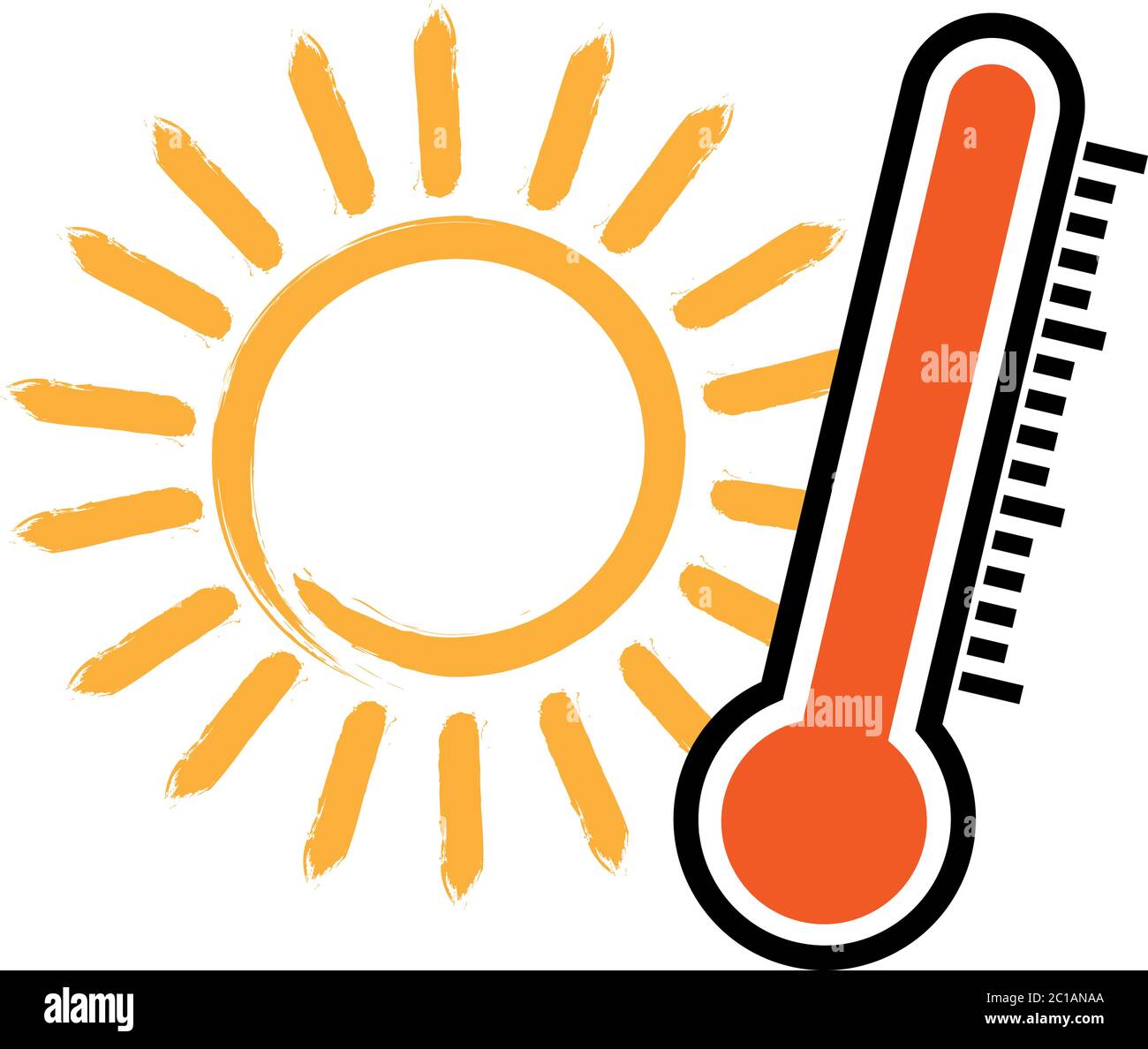 Symbol für Sommerhitze oder Symbol, Thermometer und Sonnenvektor Stock Vektor