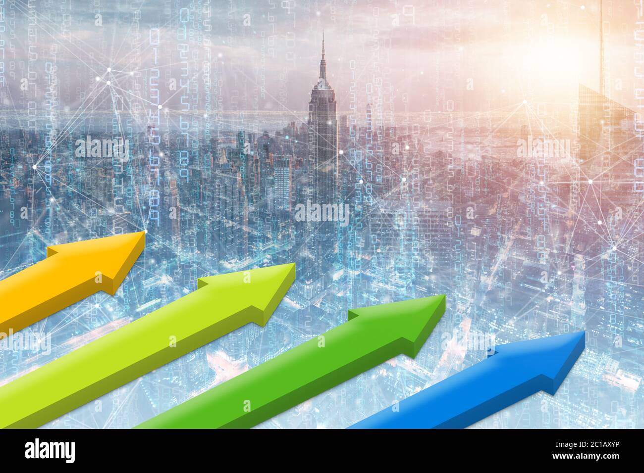 3D-Illustration, die mit Geschäftsgebäude und Aktiendiagramm. Symbol Pfeil nach oben, mit Stock Graph Hintergrund, Konzept Geschäft und Investitionen, Stock mar Stockfoto