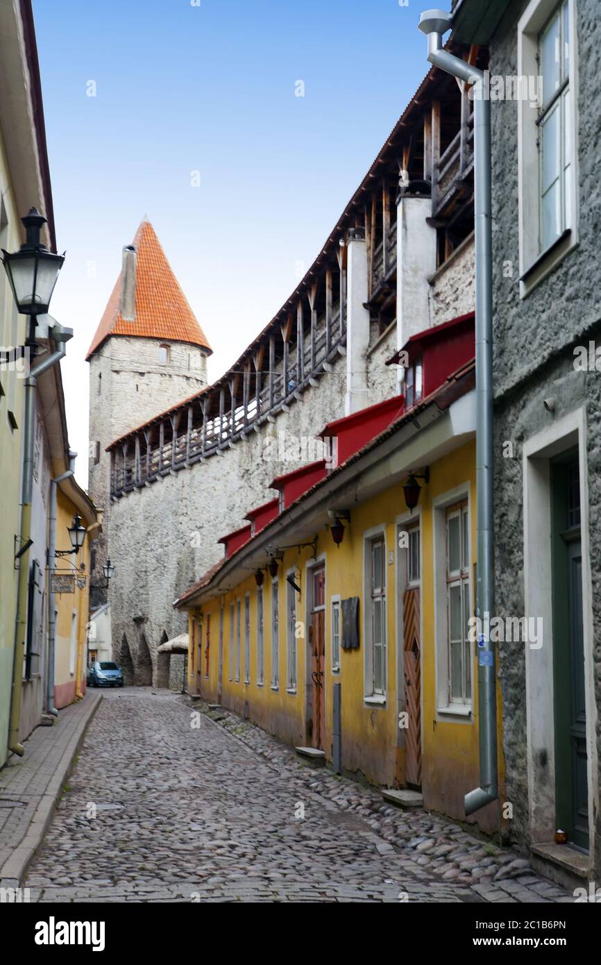 Straße und Turm einer Stadtmauer. Altstadt. Tallinn, Estland. Stockfoto