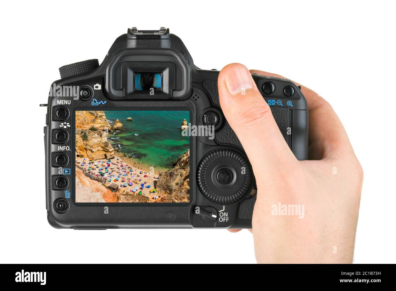 Hand mit Kamera und Strand in Lagos - Algarve Portugal - Portugal (mein Foto) Stockfoto