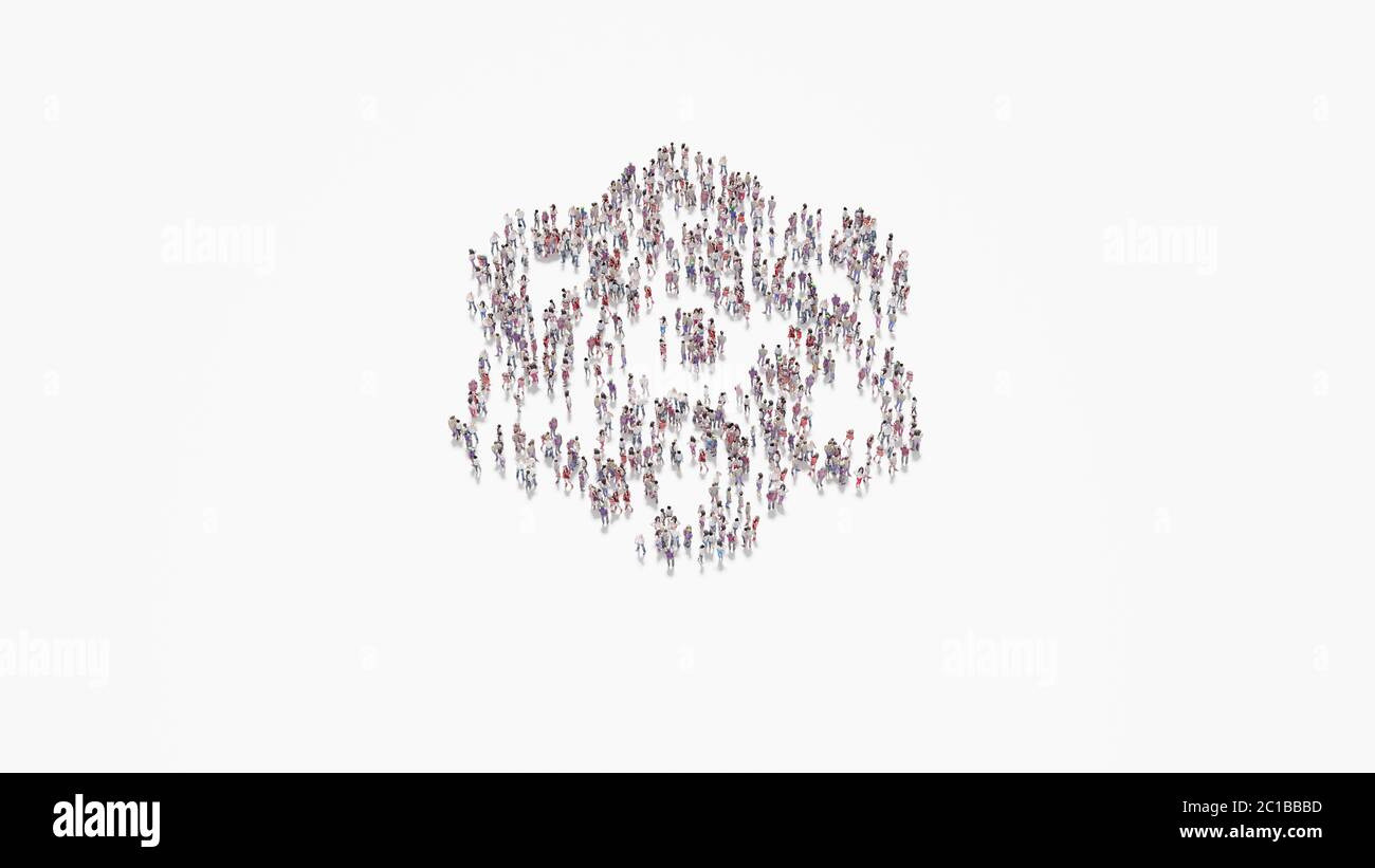 3d-Rendering von Menschenmenge von verschiedenen Menschen in Form von Symbol des Atoms auf weißem Hintergrund isoliert Stockfoto