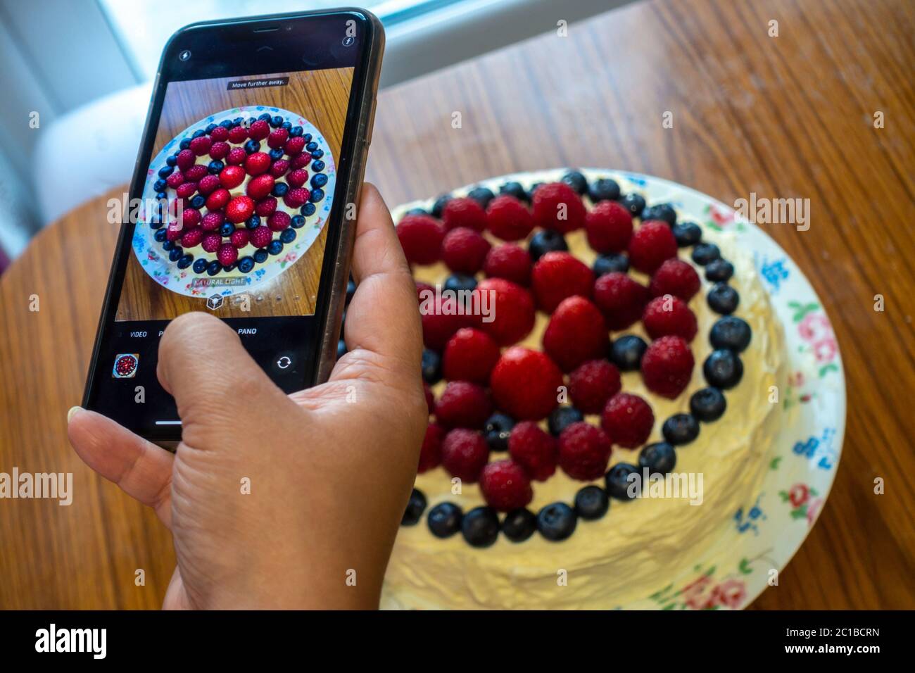 Eine Dame fotografiert mit einem Smartphone einen frisch gebackenen Kuchen, der mit Buttereier und weichen roten und violetten Sommerfrüchten verziert ist Stockfoto