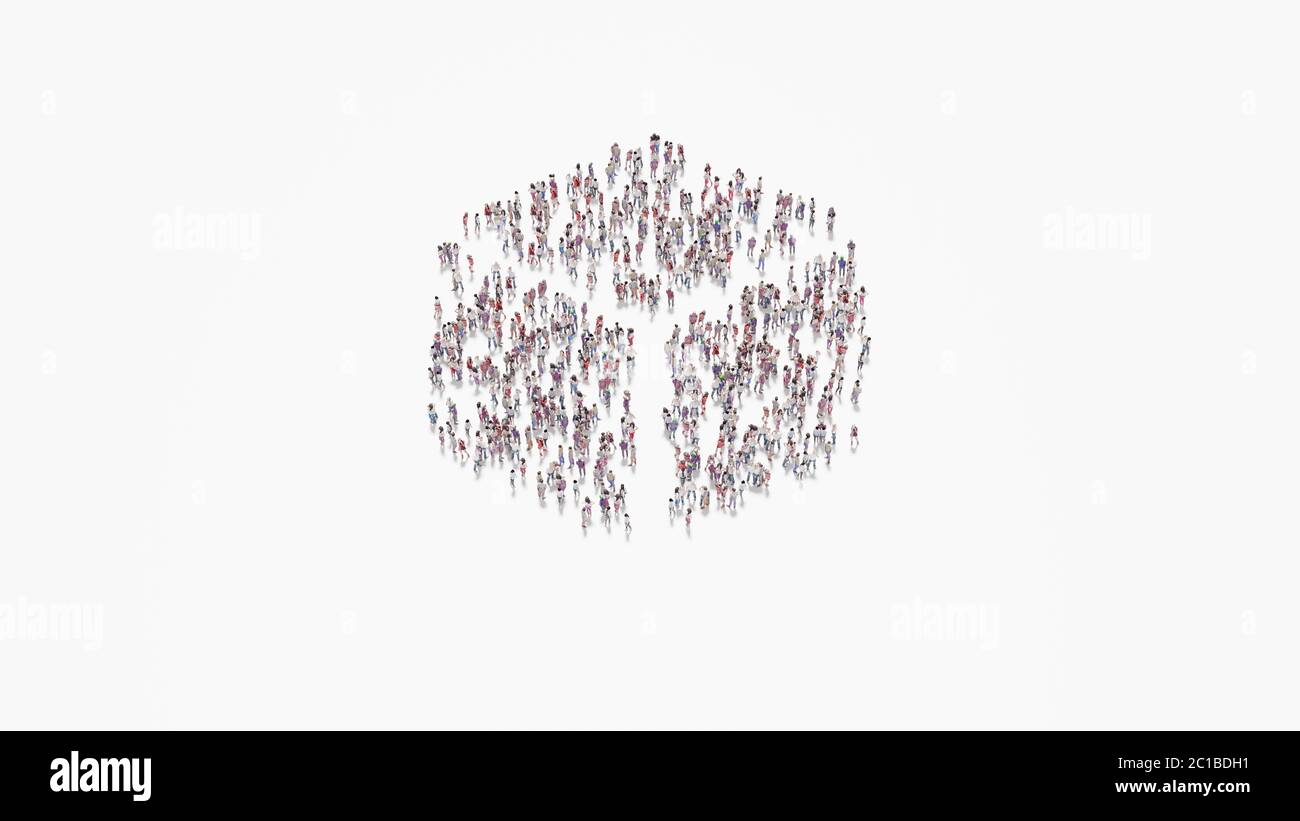 3d-Rendering von Menschenmenge von verschiedenen Menschen in Form von Symbol des Würfels auf weißem Hintergrund isoliert Stockfoto