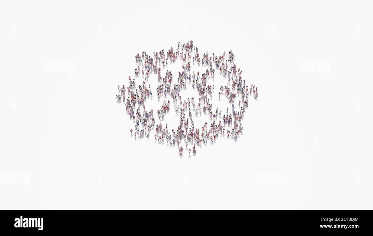 3d-Rendering von Menschenmenge von verschiedenen Menschen in Form von Symbol des Ruders auf weißem Hintergrund isoliert Stockfoto