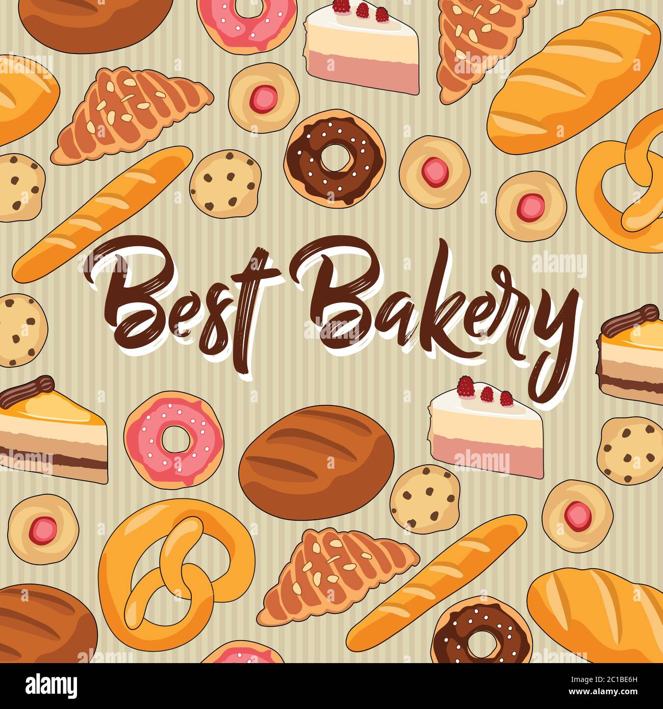 Bäckerei mit handgezeichneten Donuts, Keksen, Kuchen, Croissants und Brot. Vektorgrafik in flacher Form Stock Vektor