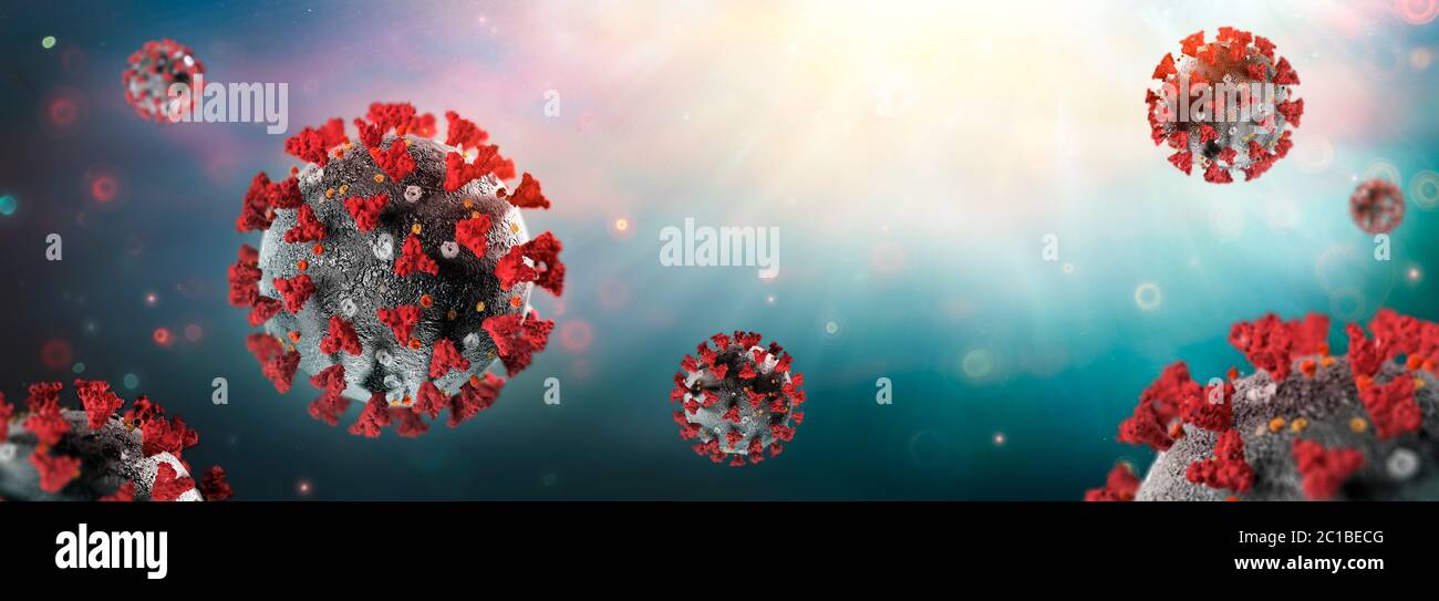 Coronavirus - Covid-19 oder SARS-CoV-2 in Flüssigkeit mit hohen Details - Virologiekonzept - 3d-Rendering Stockfoto