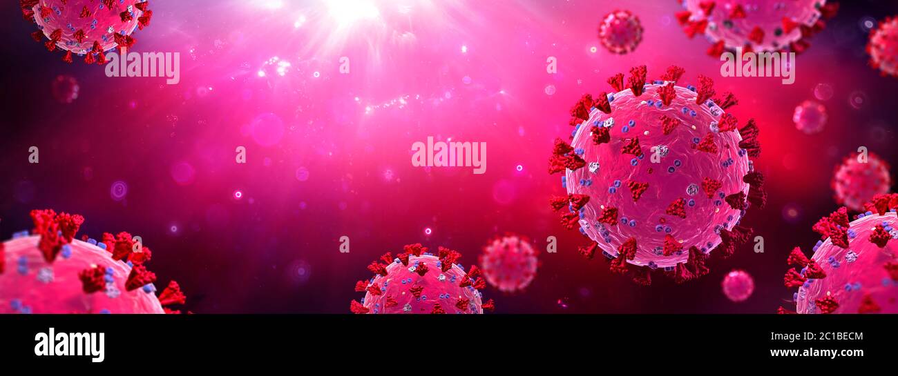 Coronavirus - Rote Struktur mit kompletten Oberflächenproteinpräsentationen in Flüssigkeit - 3d-Rendering Stockfoto