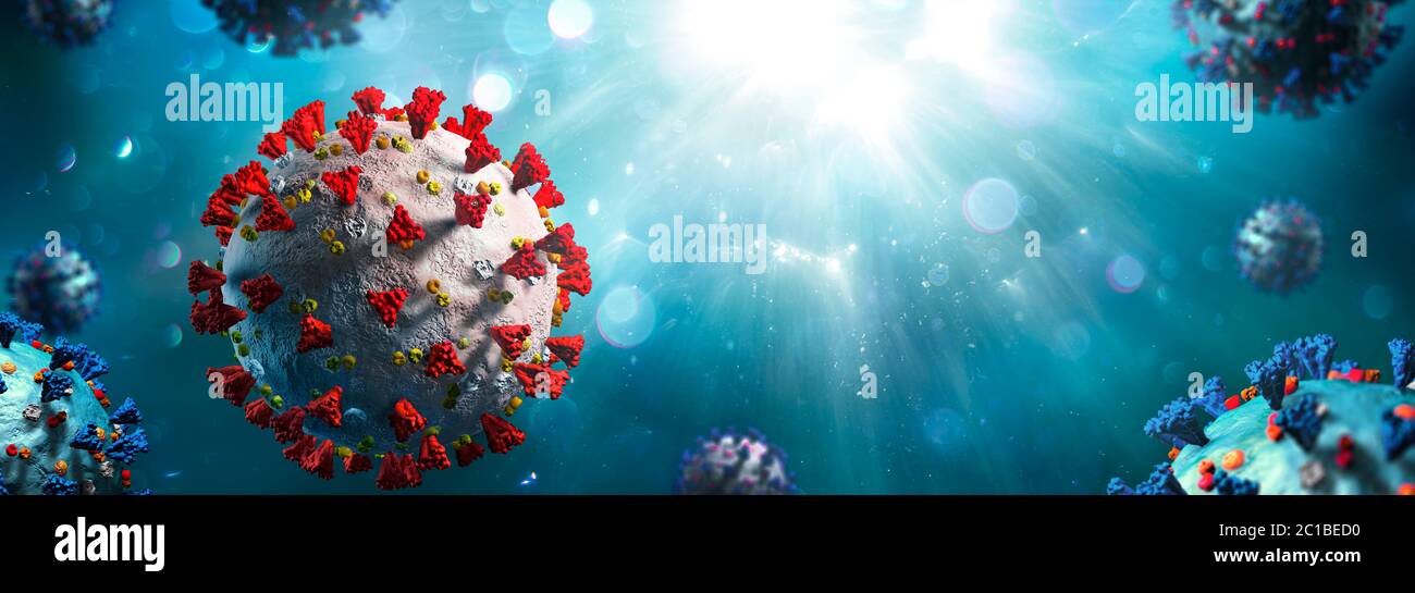 Covid-19 - Struktur mit kompletten Oberflächenprotein-Darstellungen in Flüssigkeit - 3d-Rendering Stockfoto