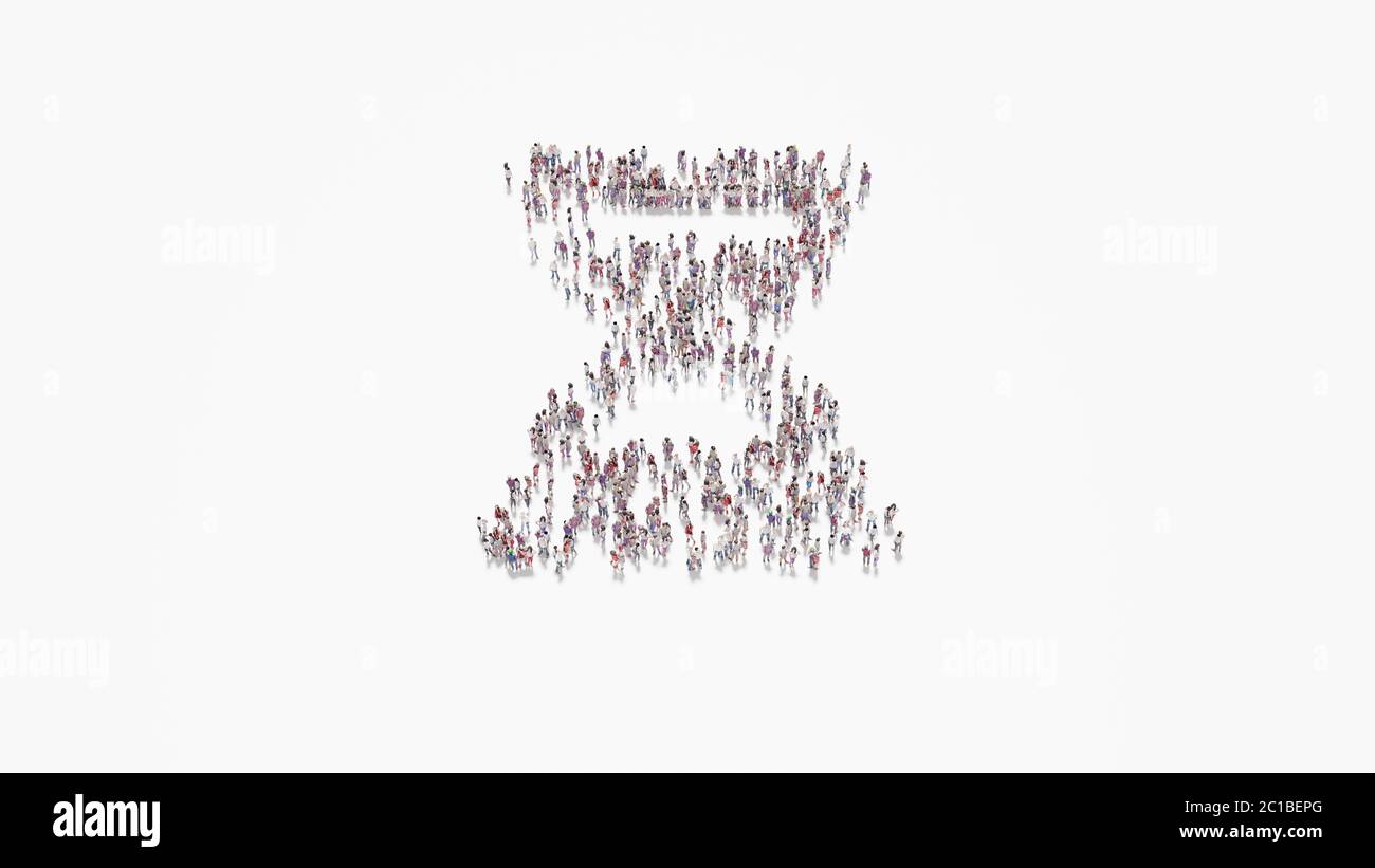 3d-Rendering der Menge von verschiedenen Menschen in Form von Symbol der Sanduhr in der halben Phase auf weißem Hintergrund isoliert Stockfoto