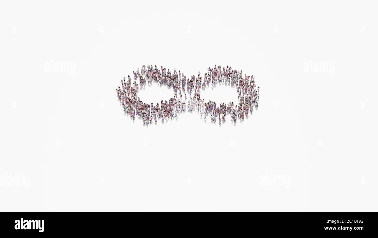 3d-Rendering der Menge von verschiedenen Menschen in Form von Symbol der Unendlichkeit Zeichen auf weißem Hintergrund isoliert Stockfoto