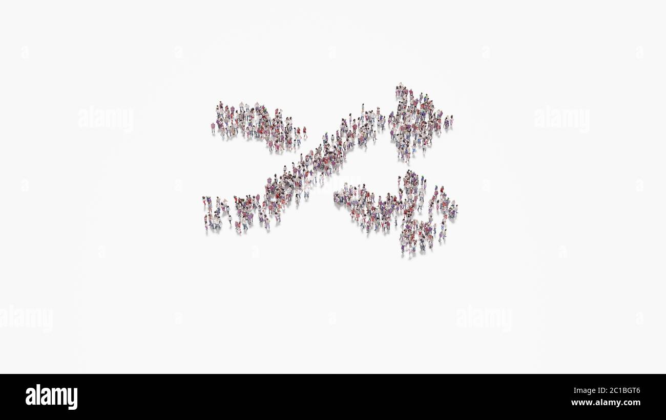 3d-Rendering von Menschenmenge von verschiedenen Menschen in Form von Symbol der zufälligen Pfeile auf weißem Hintergrund isoliert Stockfoto