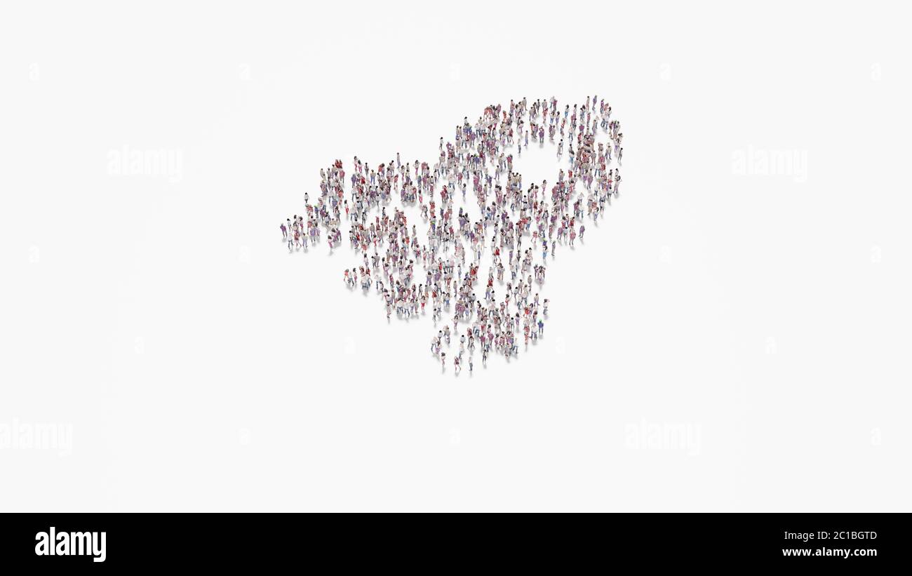 3d-Rendering der Menge von verschiedenen Menschen in Form von Symbol der Rakete auf weißem Hintergrund isoliert Stockfoto