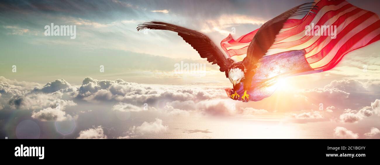Adler Mit Amerikanischer Flagge Fliegen Über Den Wolken Stockfoto
