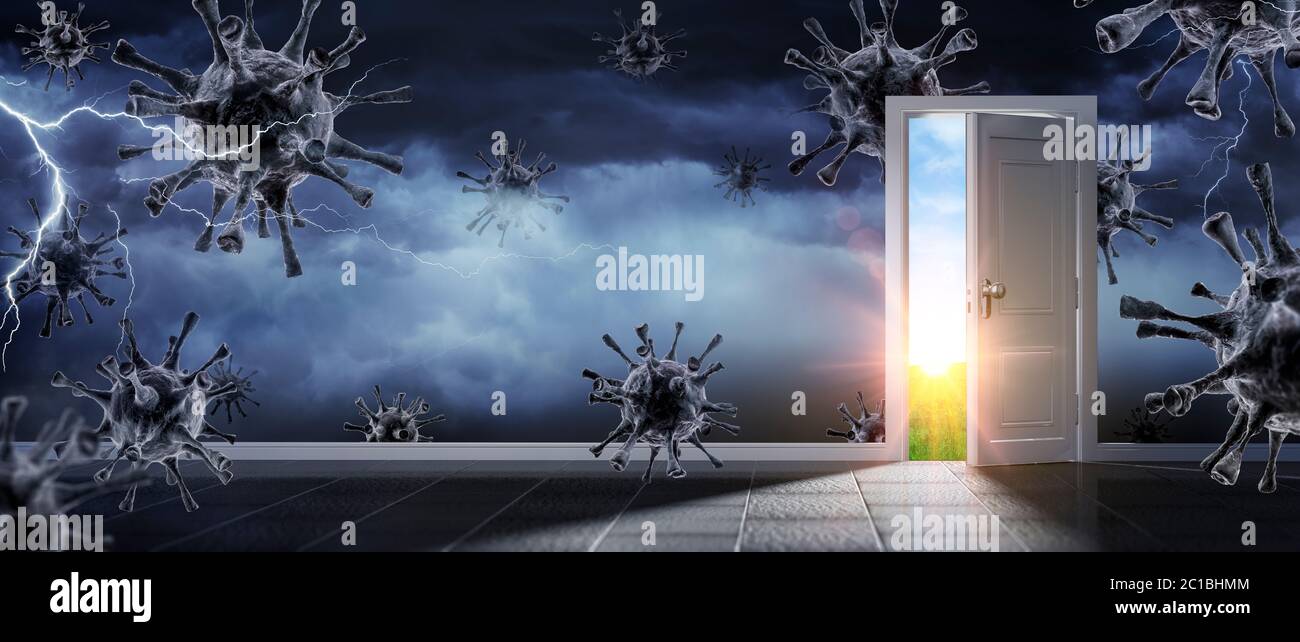 Offene Tür für Ausgang aus Stormy Room mit Coronavirus - enthalten 3d-Rendering Stockfoto