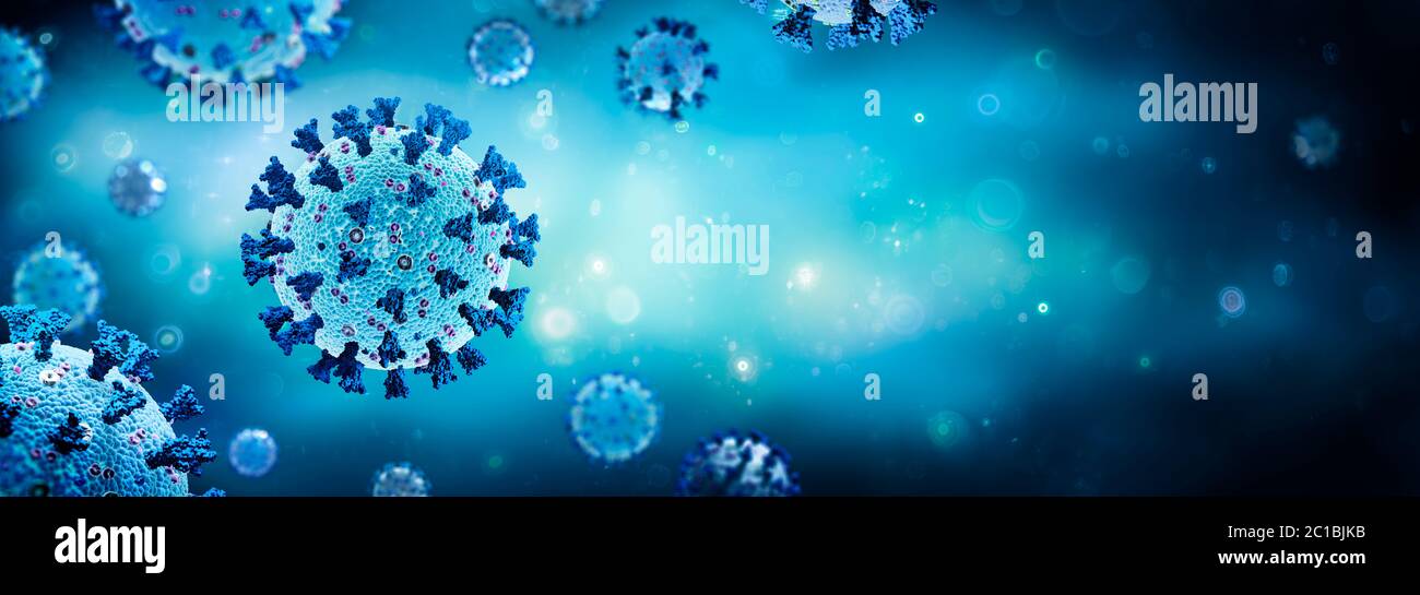 Coronavirus - Struktur mit kompletten Oberflächenprotein Darstellungen in blauem Hintergrund - 3d Rendering Stockfoto