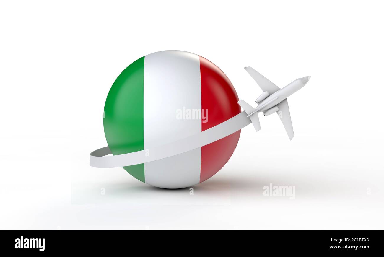 Reise nach Italien Konzept. Flugzeug fliegt um Flagge. 3D-Rendering. Stockfoto