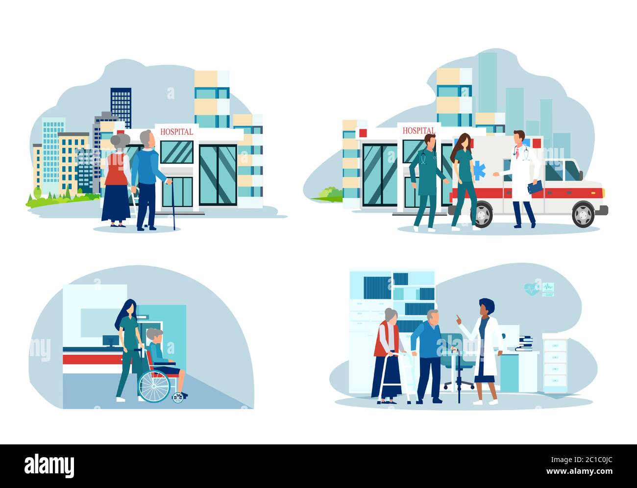 Vector von älteren Menschen Großmutter und Großvater in einem Krankenhaus aufgenommen und von Arzt und Krankenschwestern unterstützt Stock Vektor