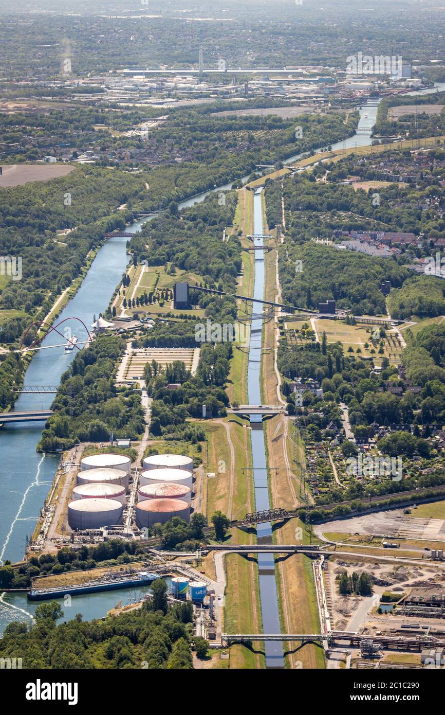 Luftaufnahme, Nordstern Park, Amphitheater, Rhein-Herne-Kanal, Heßler, Gelsenkirchen, Ruhrgebiet, Nordrhein-Westfalen, Deutschland, DE, Europa, bir Stockfoto